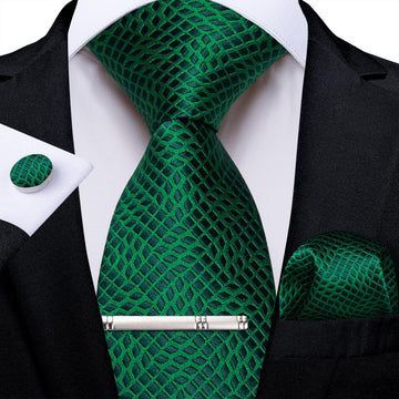 Green Black Plaid Men's Tie Handkerchief Cufflinks Clip Set