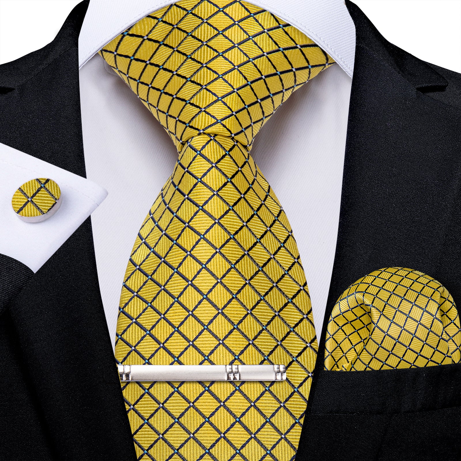 Black Yellow Plaid Men's Tie Handkerchief Cufflinks Clip Set