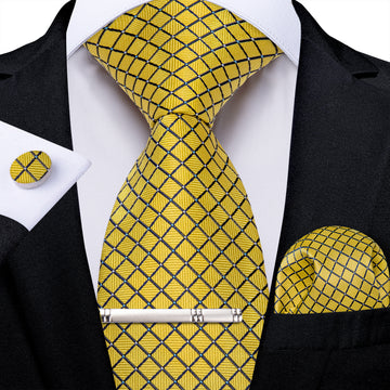 Black Yellow Plaid Men's Tie Handkerchief Cufflinks Clip Set