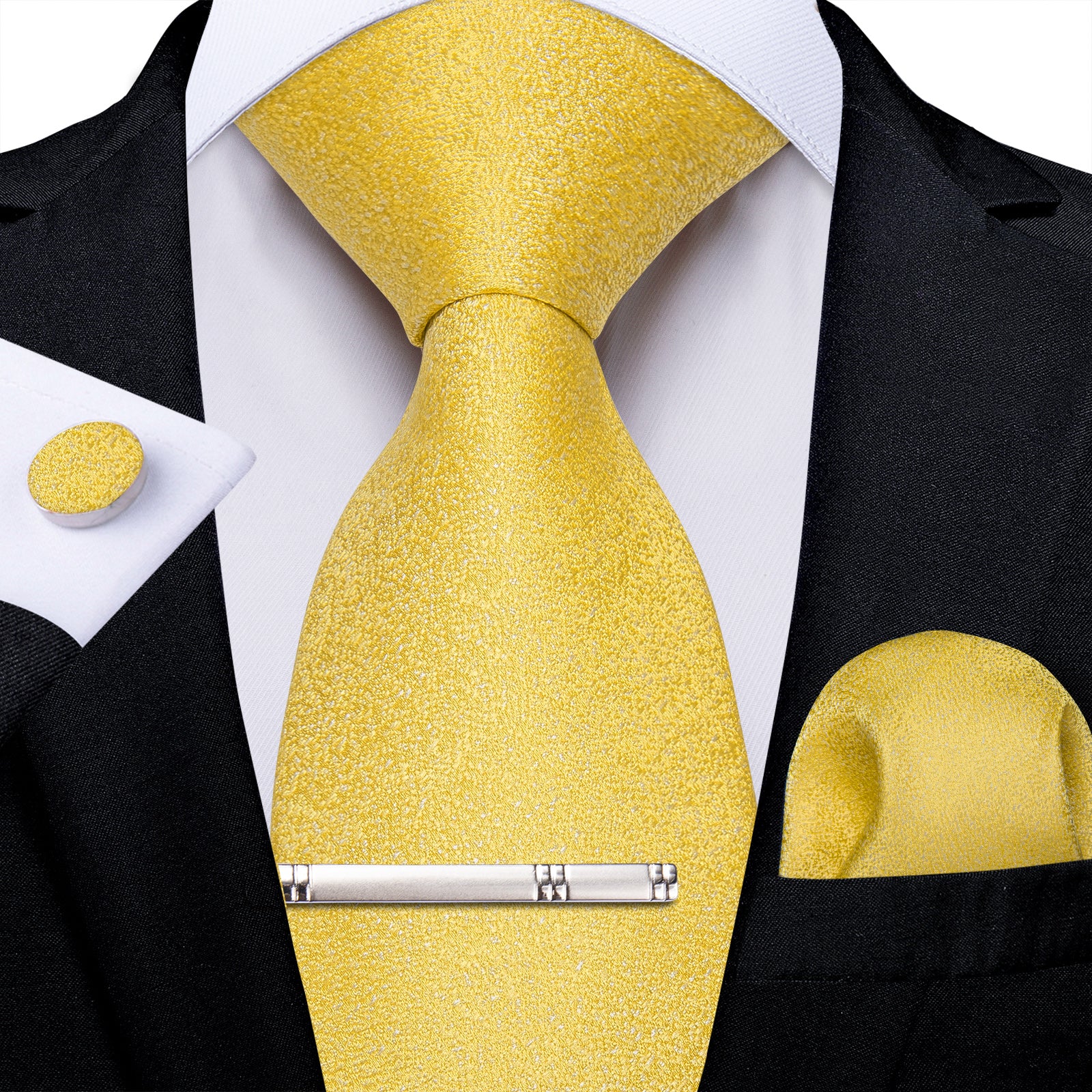 Light Yellow Solid Men's Tie Handkerchief Cufflinks Clip Set