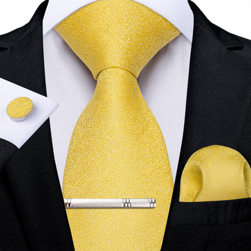 Light Yellow Solid Men's Tie Handkerchief Cufflinks Clip Set