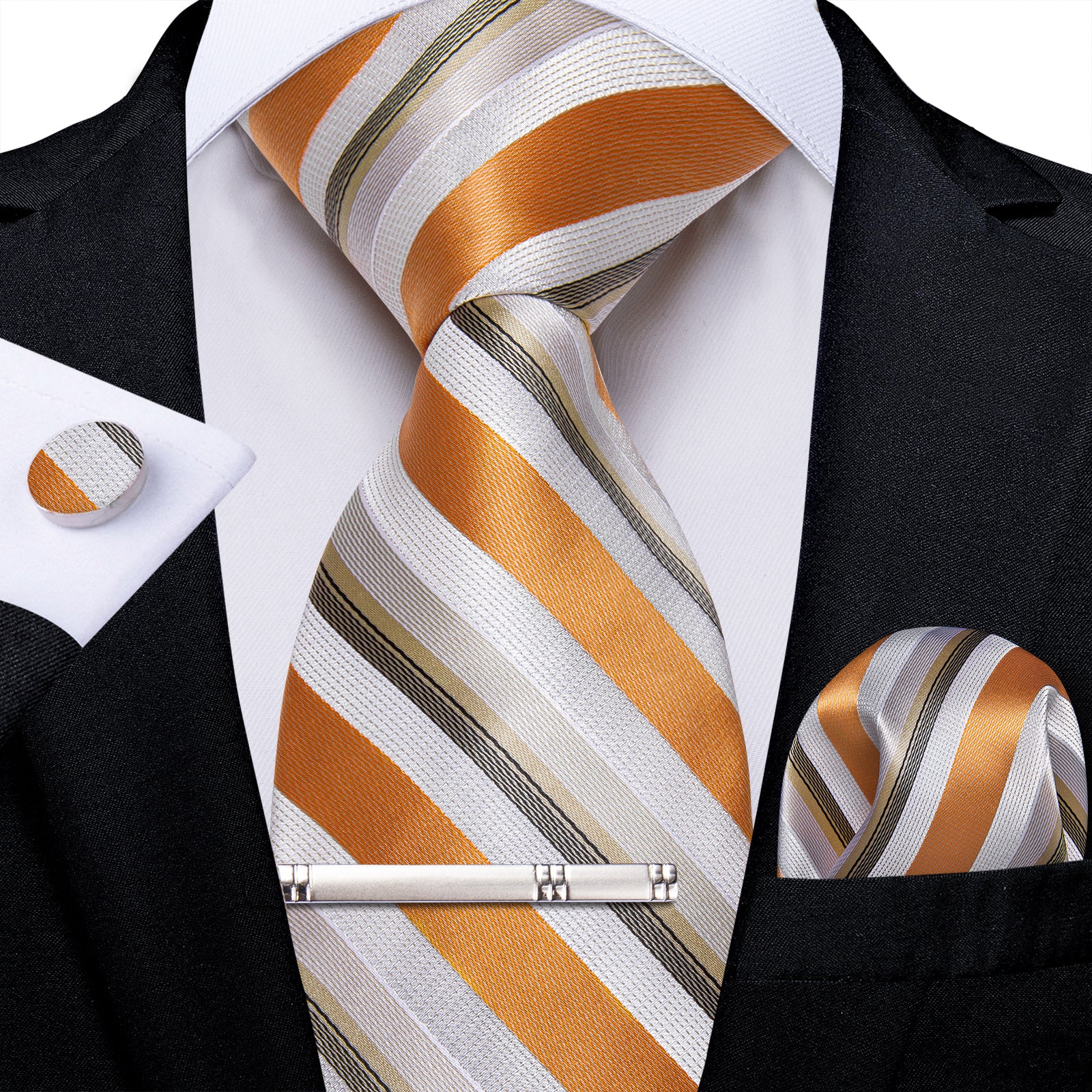 Golden White Striped Men's Tie Handkerchief Cufflinks Clip Set
