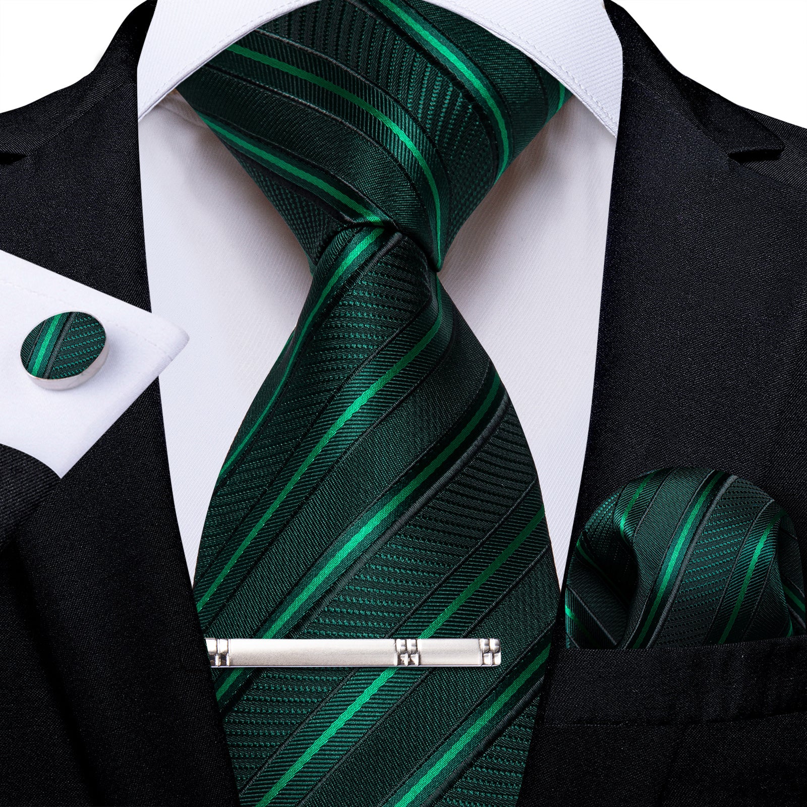 Black Green Striped Men's Tie Handkerchief Cufflinks Clip Set