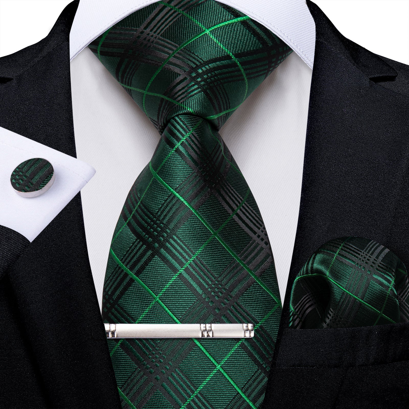 Green Striped Men's Tie Handkerchief Cufflinks Clip Set