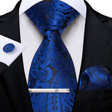 Blue Floral Men's Tie Handkerchief Cufflinks Clip Set