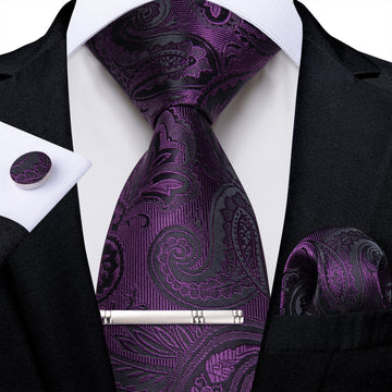 Purple Floral Men's Tie Handkerchief Cufflinks Clip Set