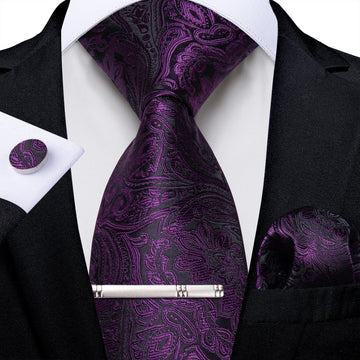 Black Purple Floral Men's Tie Handkerchief Cufflinks Clip Set