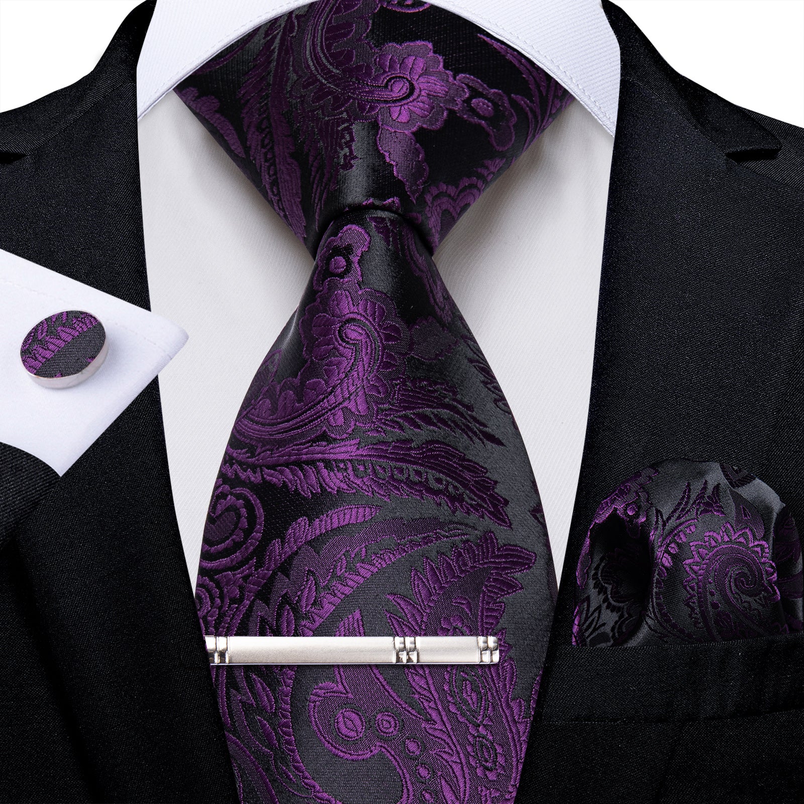 Black Purple Floral Men's Tie Handkerchief Cufflinks Clip Set