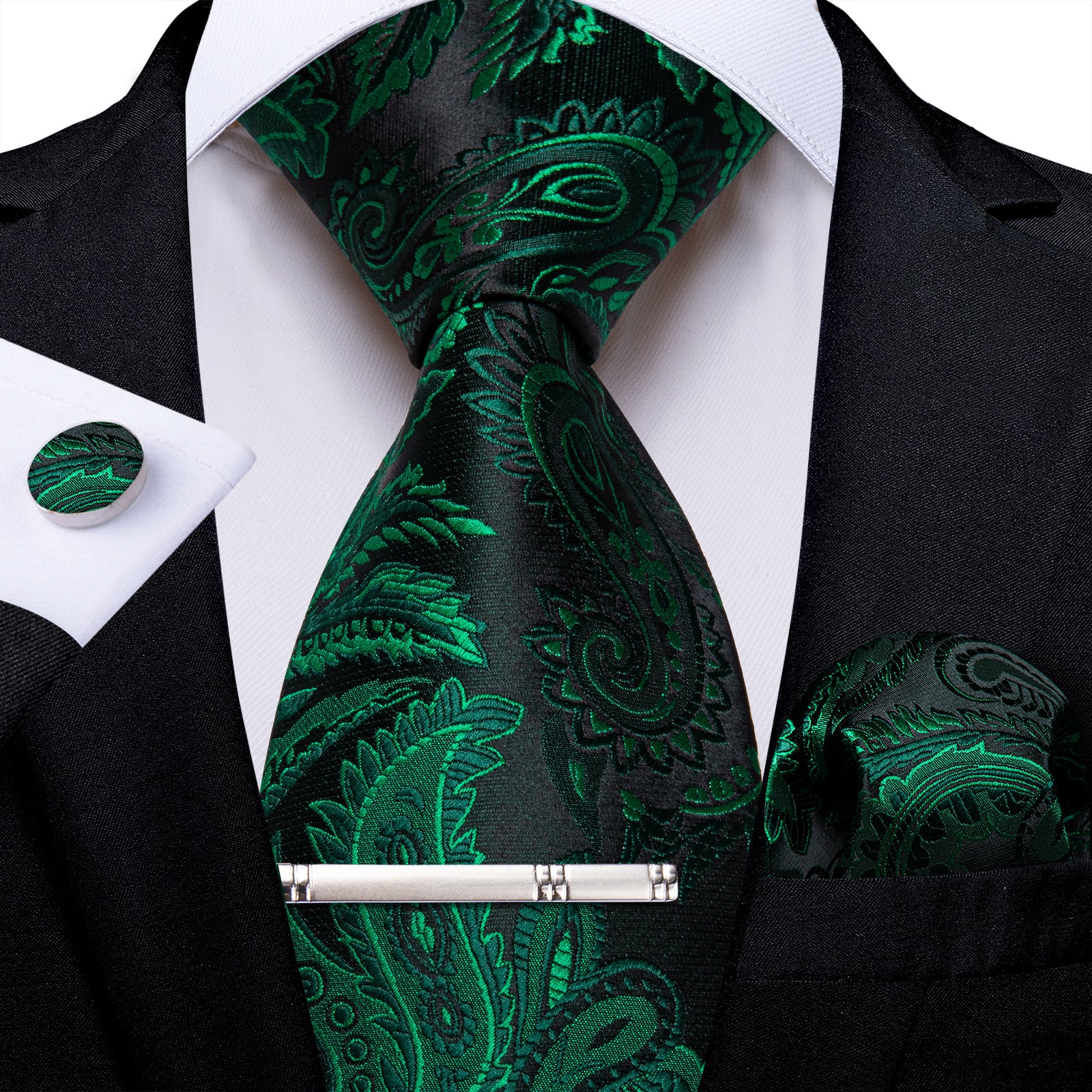 Black Green Floral Men's Tie Handkerchief Cufflinks Clip Set