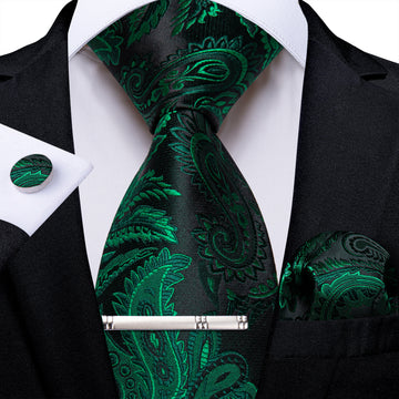 Black Green Floral Men's Tie Handkerchief Cufflinks Clip Set