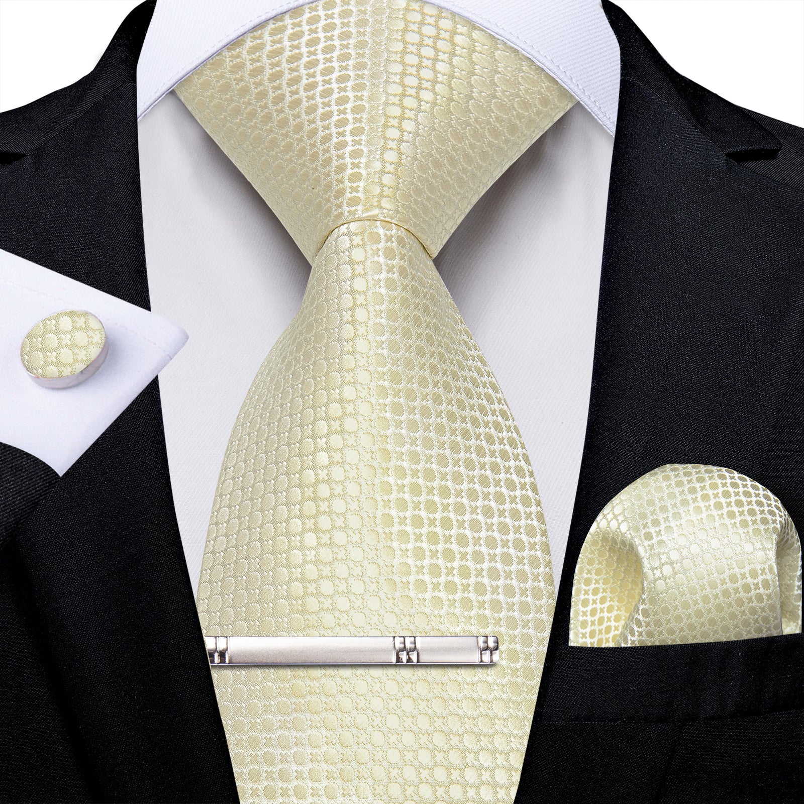 Champagne Polka Dot Men's Tie Handkerchief Cufflinks Clip Set