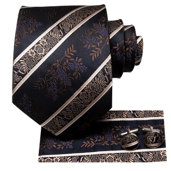 Black Brown Striped Necktie Mens Floral Tie Handkerchief Cufflinks Set