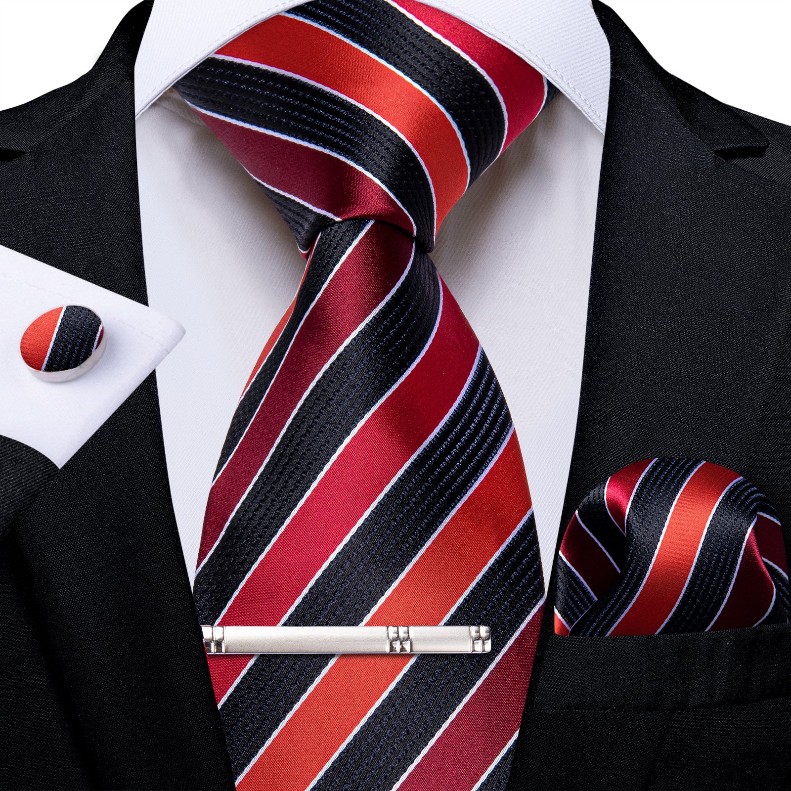 Black Red Striped Men's Tie Handkerchief Cufflinks Clip Set