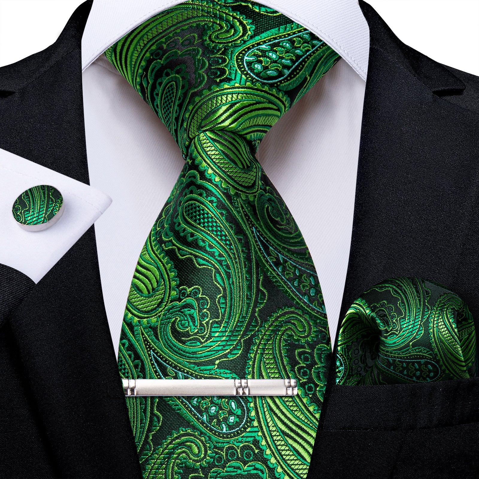 Green Paisley Men's Tie Handkerchief Cufflinks Clip Set