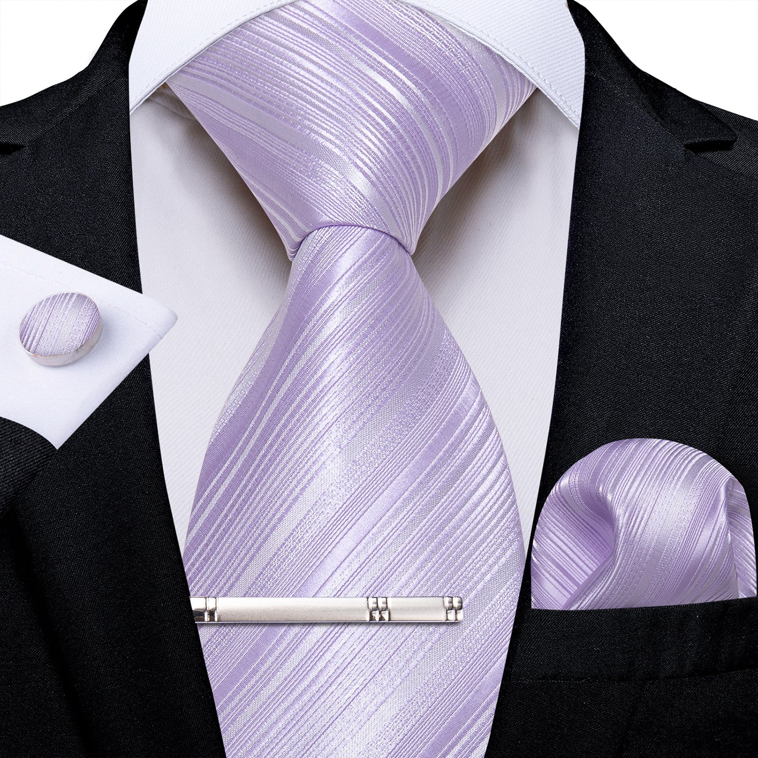 DiBanGu Purple Tie Periwinkle Striped Men's Silk Tie Hanky Cufflinks Clip Set