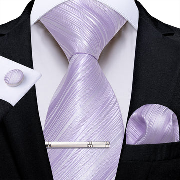 DiBanGu Purple Tie Periwinkle Striped Men's Silk Tie Hanky Cufflinks Clip Set