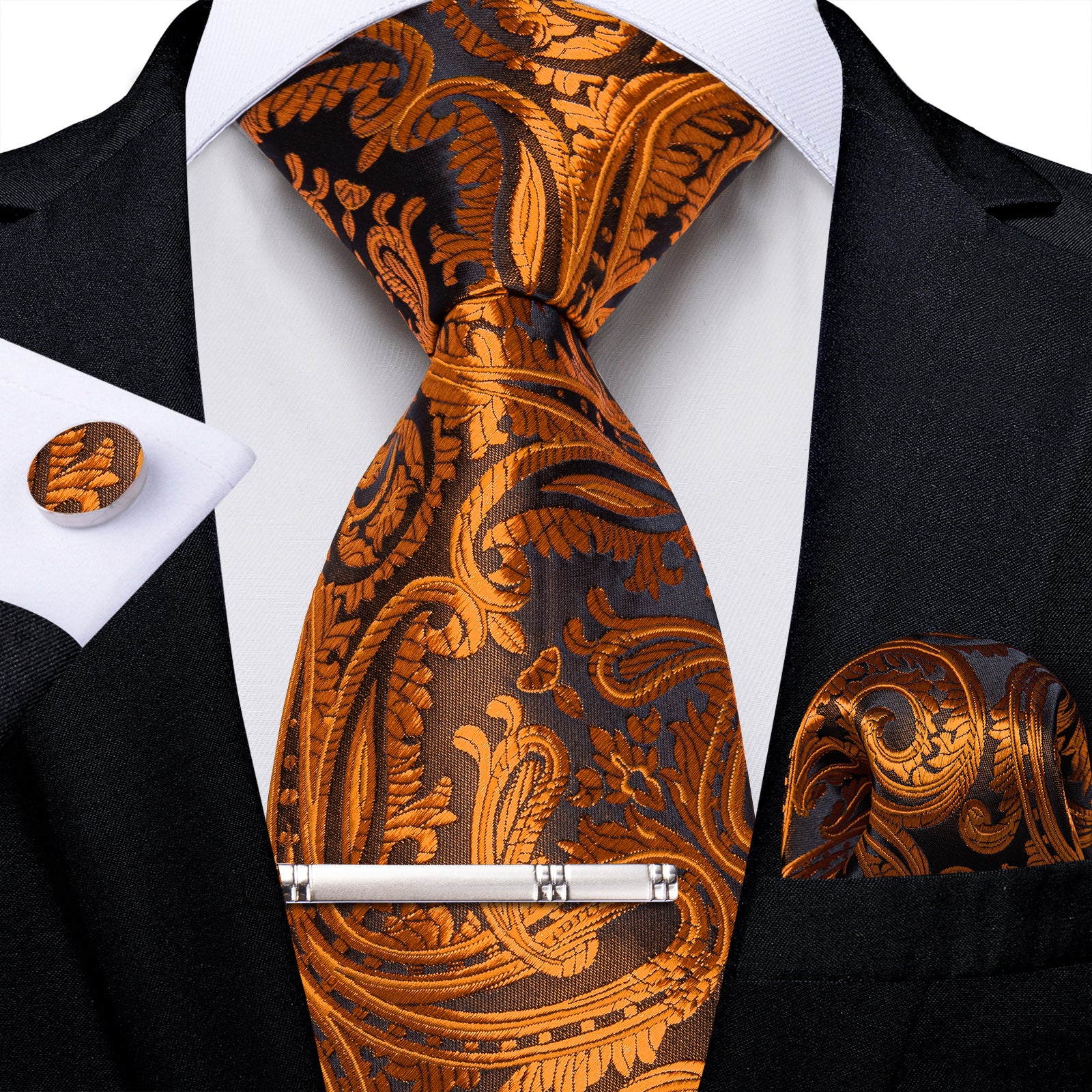 Brown Golden Floral Men's Tie Handkerchief Cufflinks Clip Set