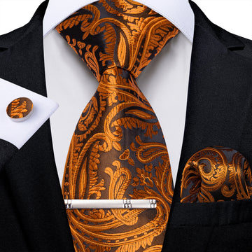Brown Golden Floral Men's Tie Handkerchief Cufflinks Clip Set