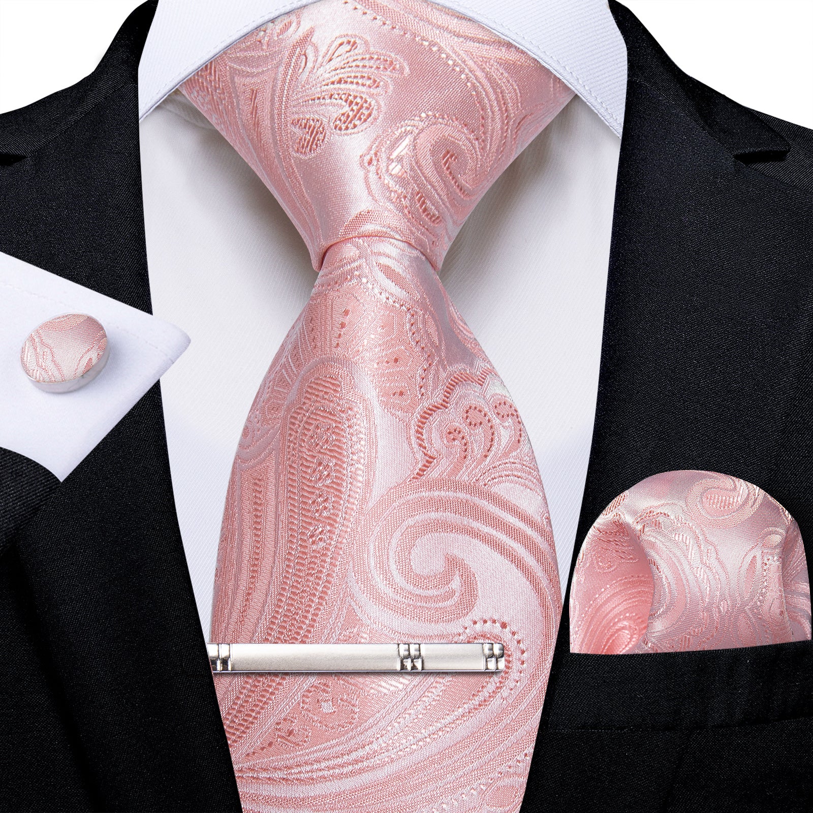 Pink Floral Men's Tie Handkerchief Cufflinks Clip Set