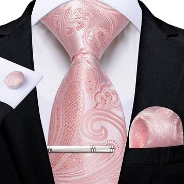 Pink Floral Men's Tie Handkerchief Cufflinks Clip Set