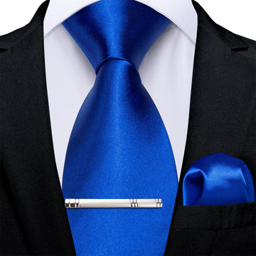 Blue Solid Men's Tie Handkerchief Clip Set