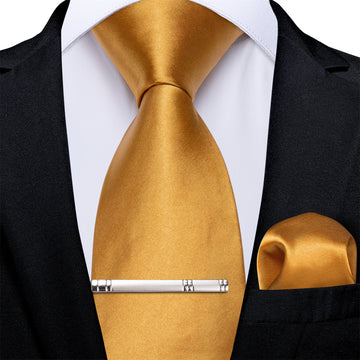 Golden Solid Men's Tie Handkerchief Clip Set