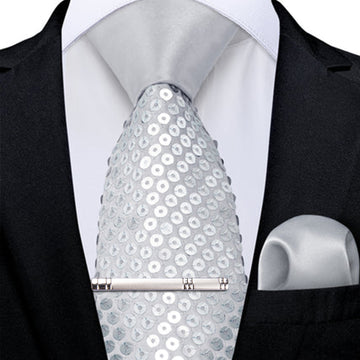 Grey White Unisex Sparkling Sequin Tie Men's Women's Stage Show Sequin Clip Tie Set