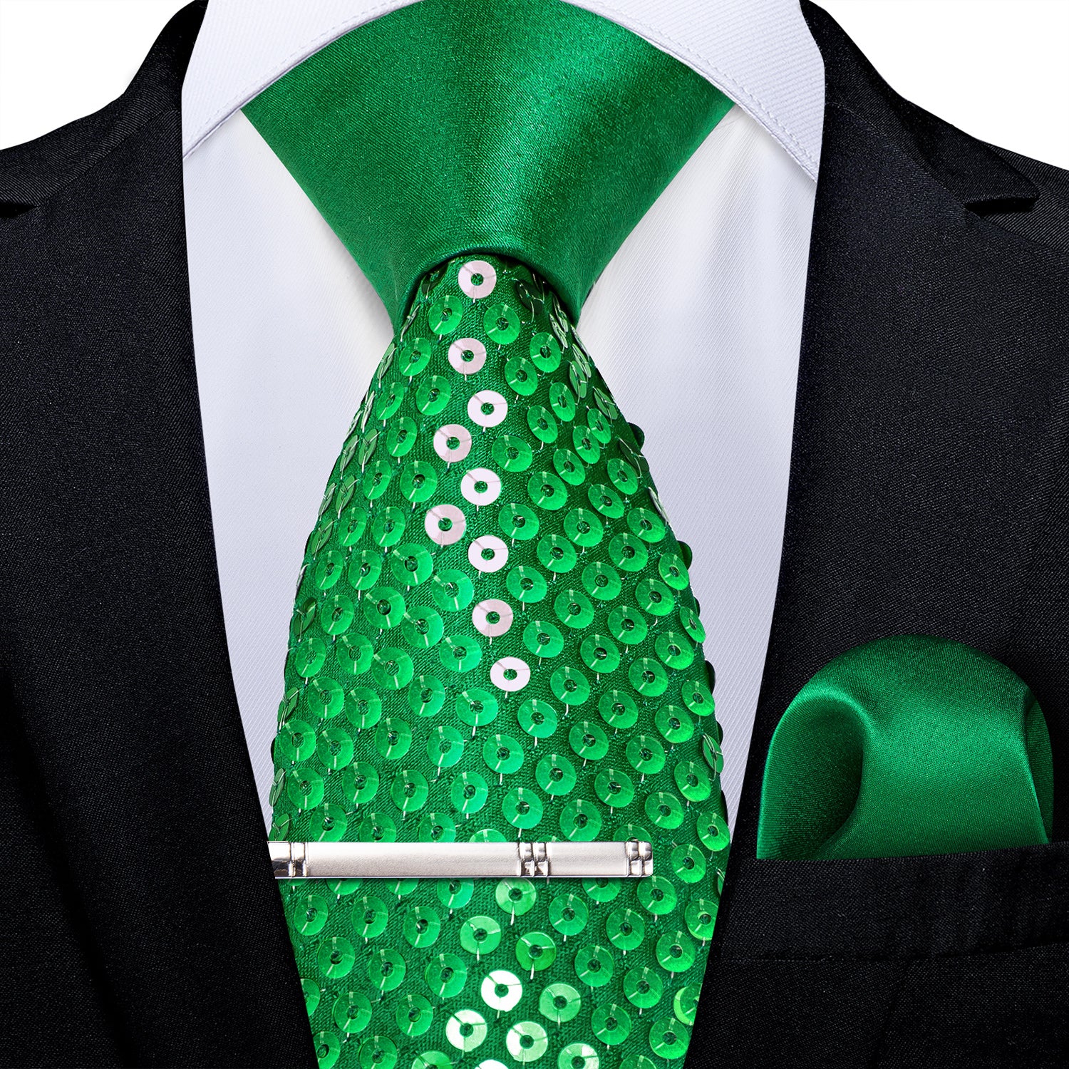 Green Unisex Sparkling Sequin Tie Men's Women's Stage Show Sequin Tie Clip Set
