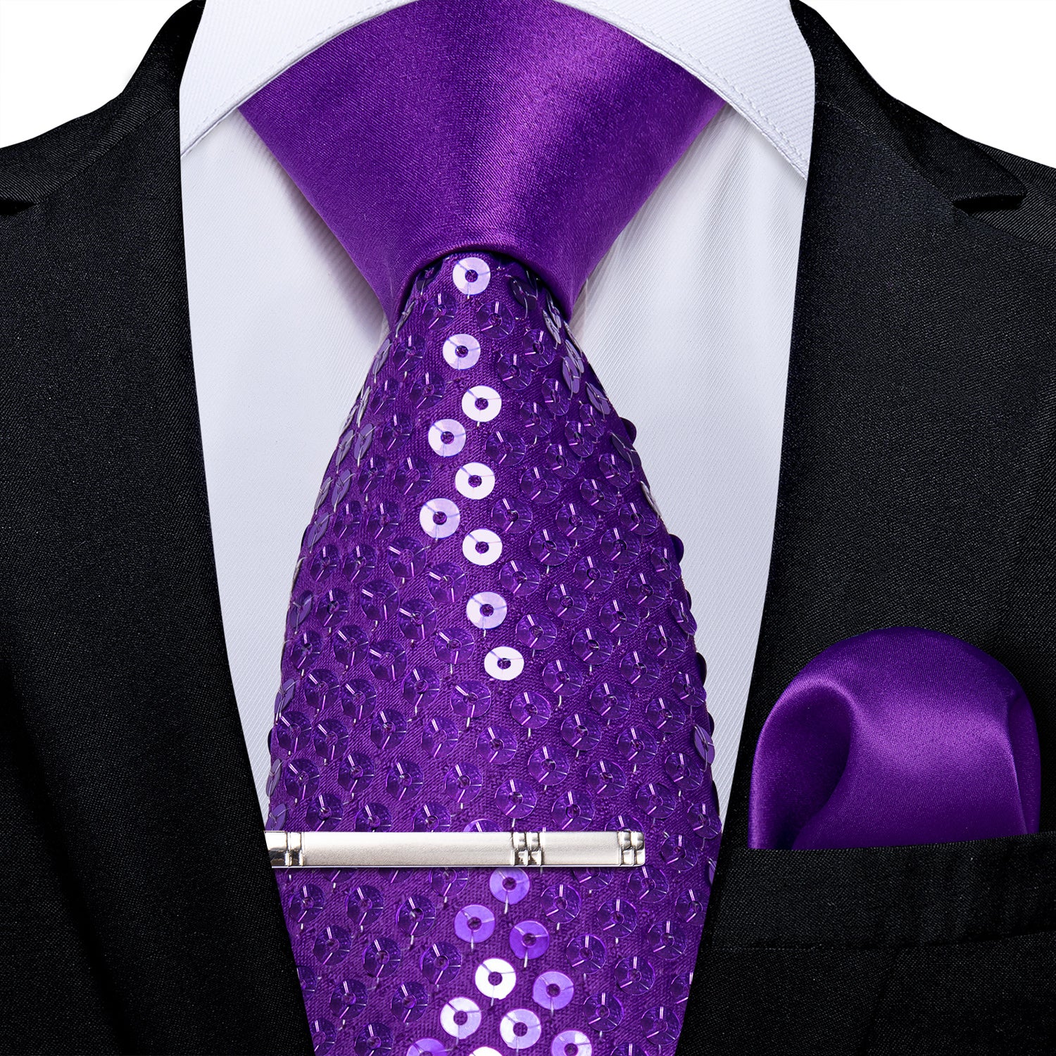 Purple Unisex Sparkling Sequin Tie Men's Women's Stage Show Sequin Tie Clip Set