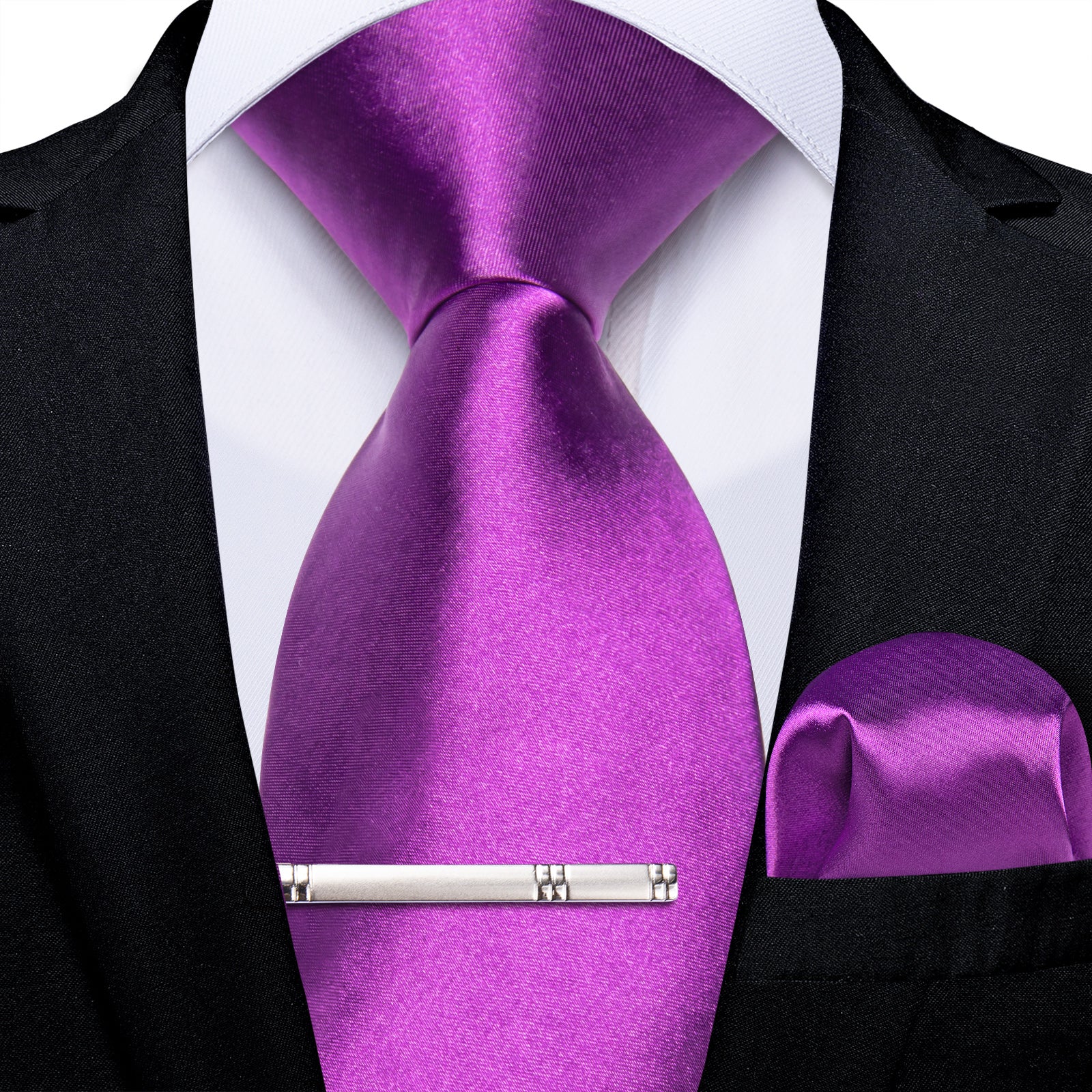 Purple Solid Men's Tie Pocket Square Handkerchief Clip Set