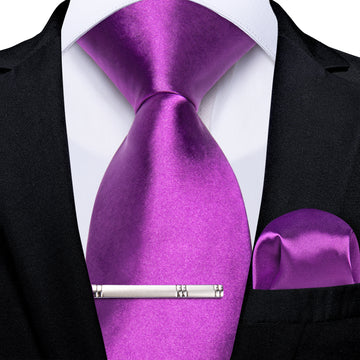 Purple Solid Men's Tie Pocket Square Handkerchief Clip Set