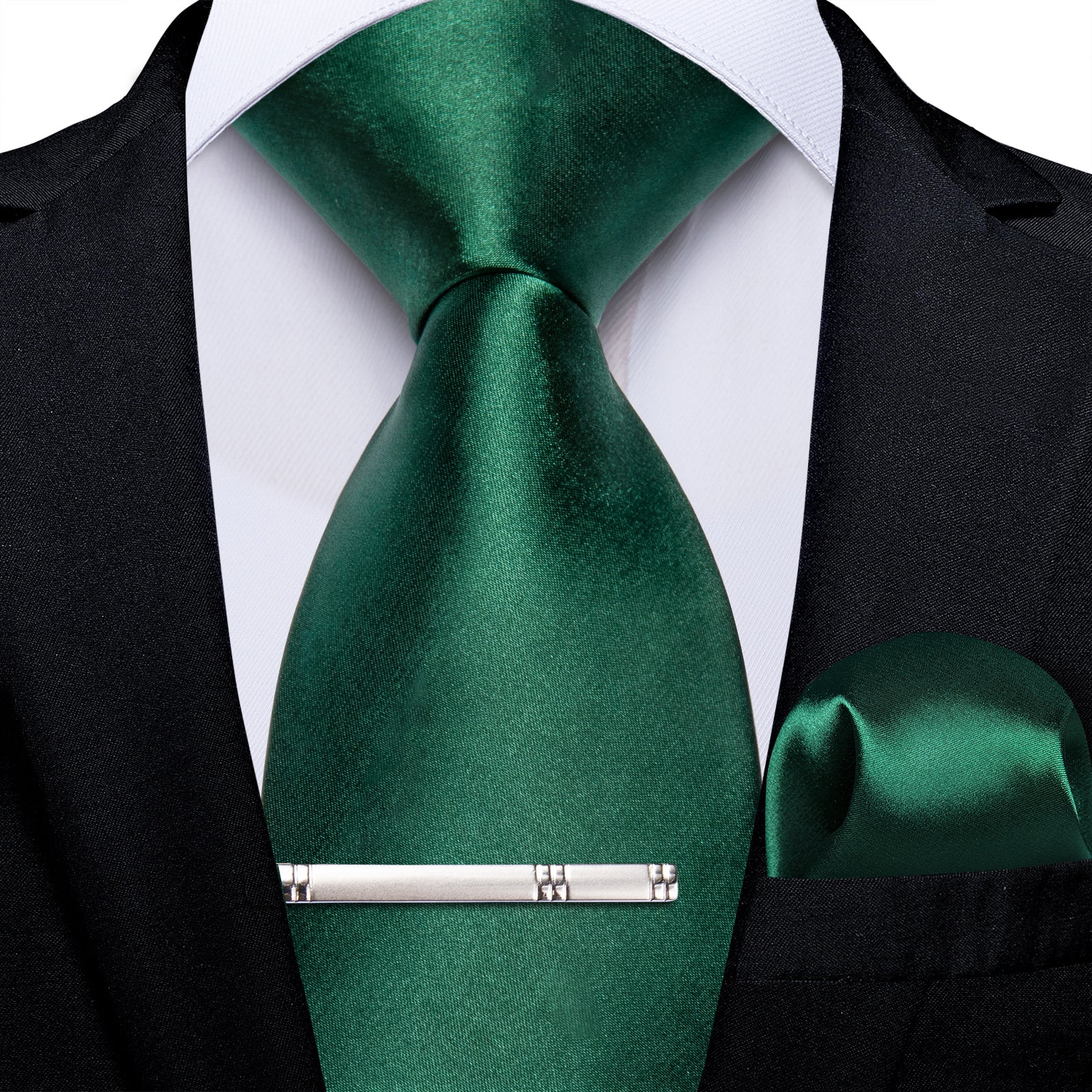 Green Solid Men's Tie Pocket Square Handkerchief Clip Set