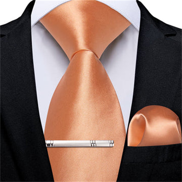 DiBanGu Dress Tie Pale Copper Orange Solid Mens Silk Business Tie Pocket Square Cufflinks Clip Set