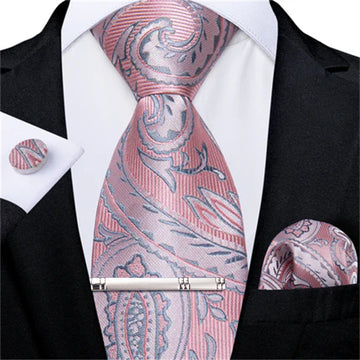 Pink Floral Silk Pre-tied Tie Pocket Square Cufflinks Clip Set