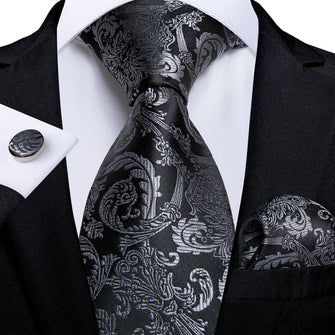 Black Grey Floral Necktie Pocket Square Cufflinks Set