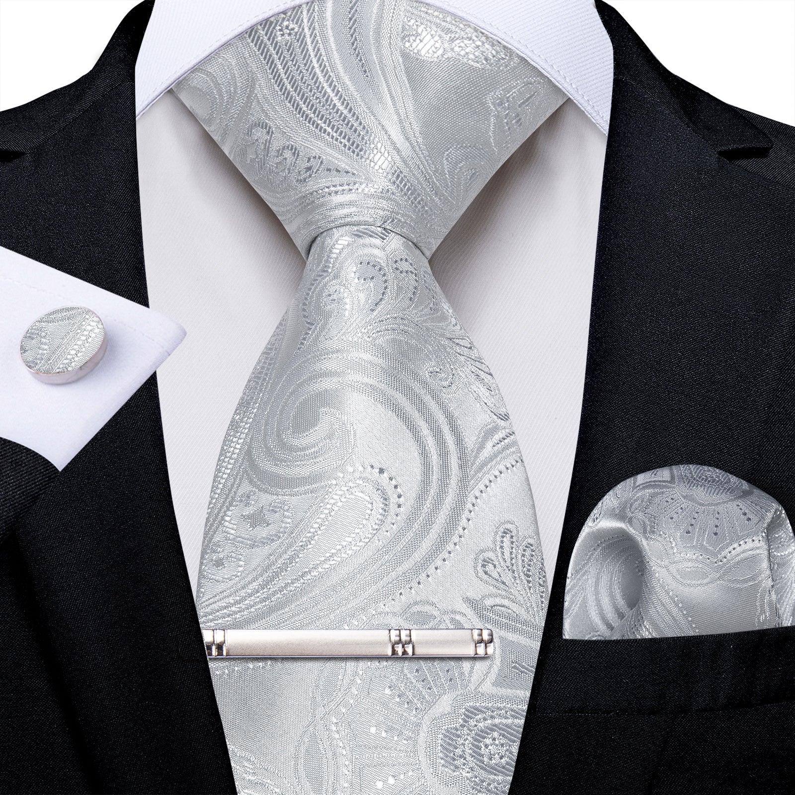 Grey Floral Men's Tie Handkerchief Cufflinks Clip Set