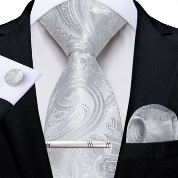 Grey Floral Men's Tie Handkerchief Cufflinks Clip Set