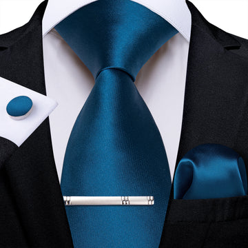Blue Solid Men's Tie Handkerchief Cufflinks Clip Set