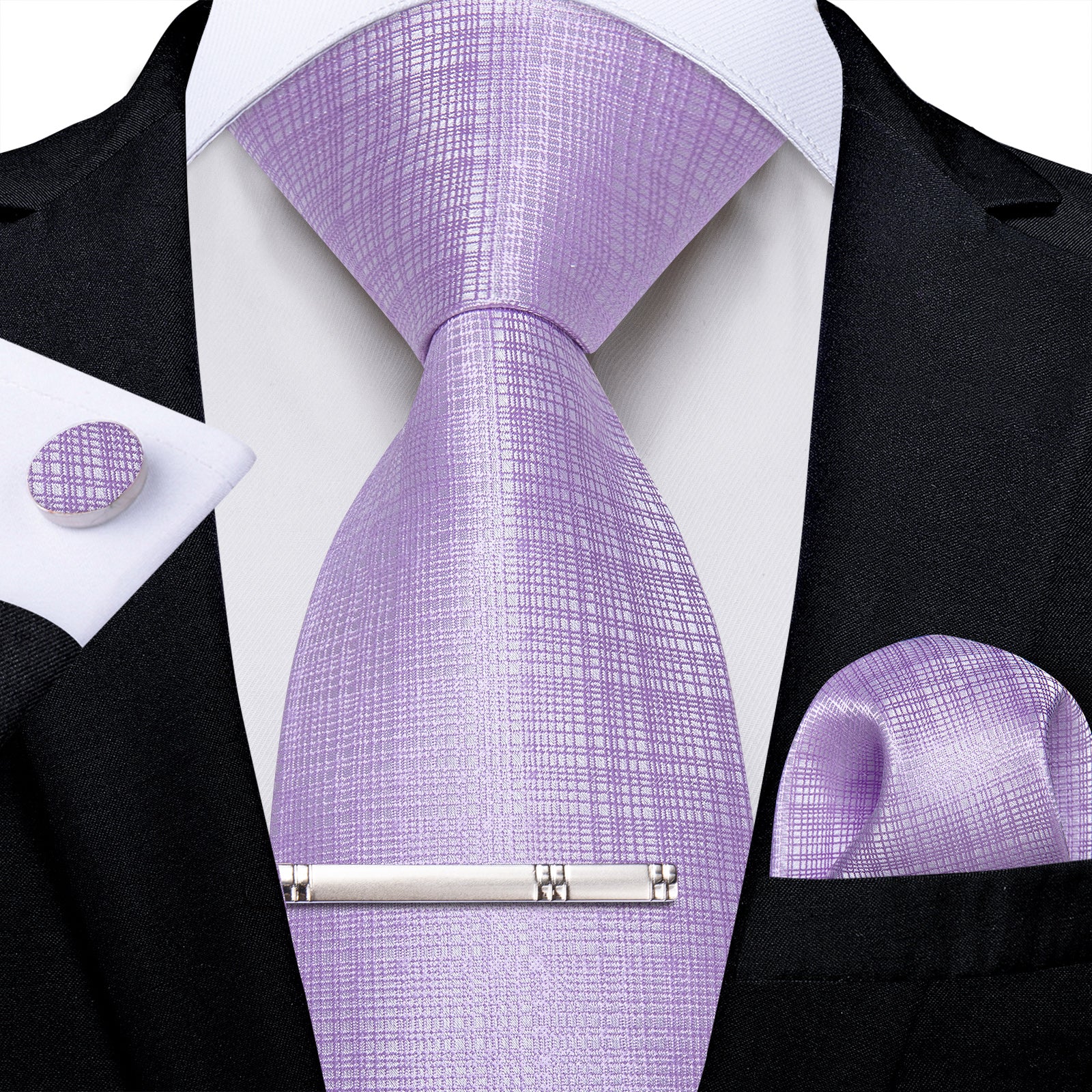 DiBanGu Plaid Tie Thistle Purple Men's Silk Tie Hanky Cufflinks Tie Clip Set