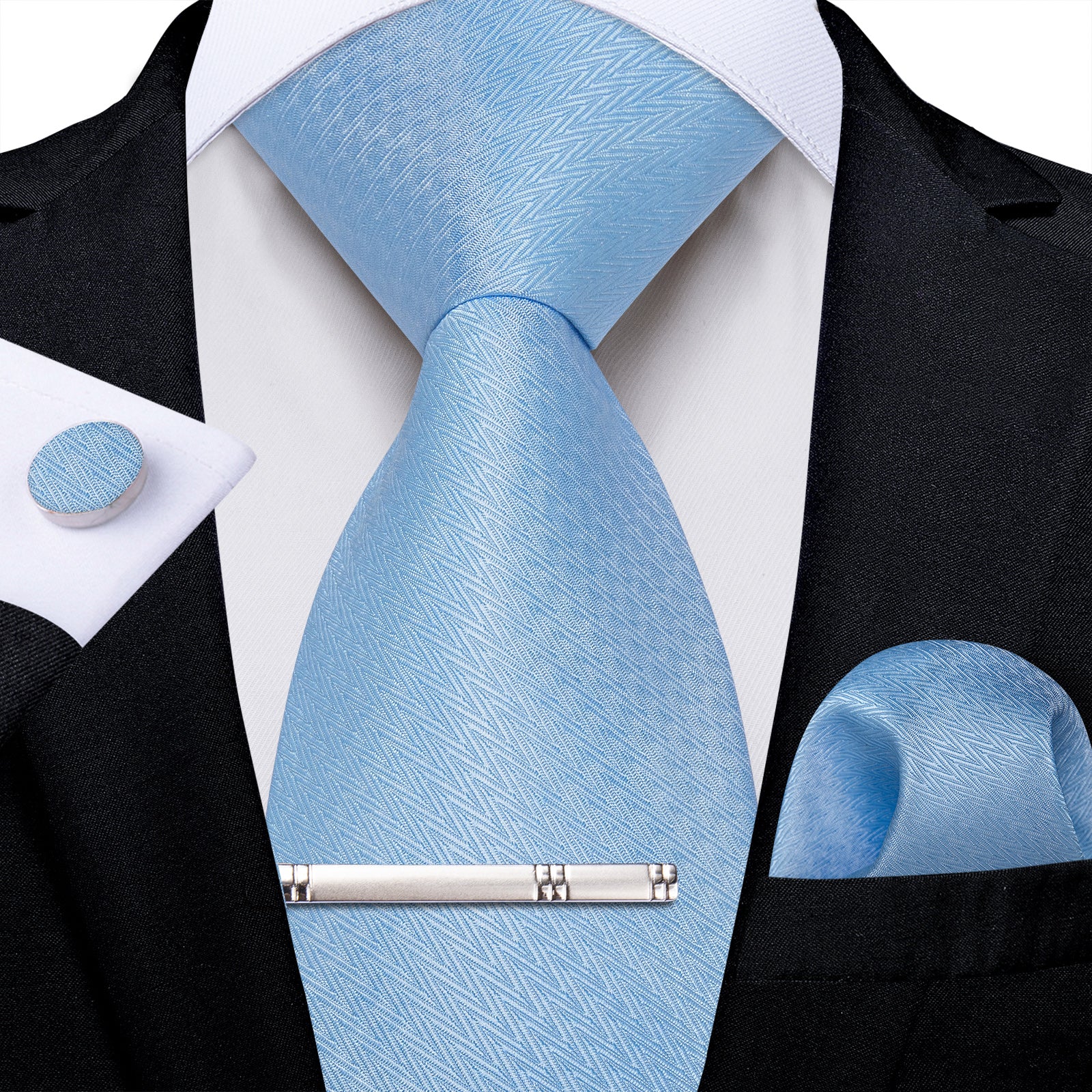 Sky Blue Solid Men's Tie Handkerchief Cufflinks Clip Set