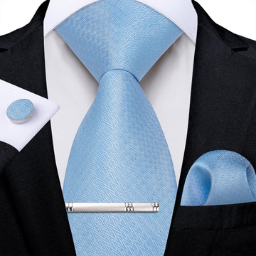 Sky Blue Solid Men's Tie Handkerchief Cufflinks Clip Set