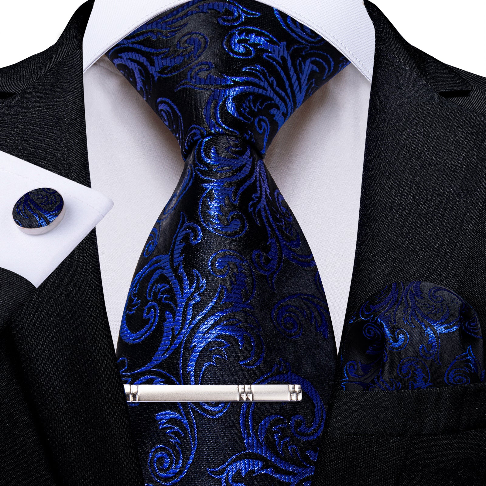 Black Blue Floral Men's Tie Handkerchief Cufflinks Clip Set