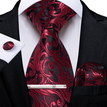 Red Floral Men's Tie Handkerchief Cufflinks Clip Set