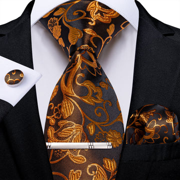 Golden Floral Men's Tie Handkerchief Cufflinks Clip Set