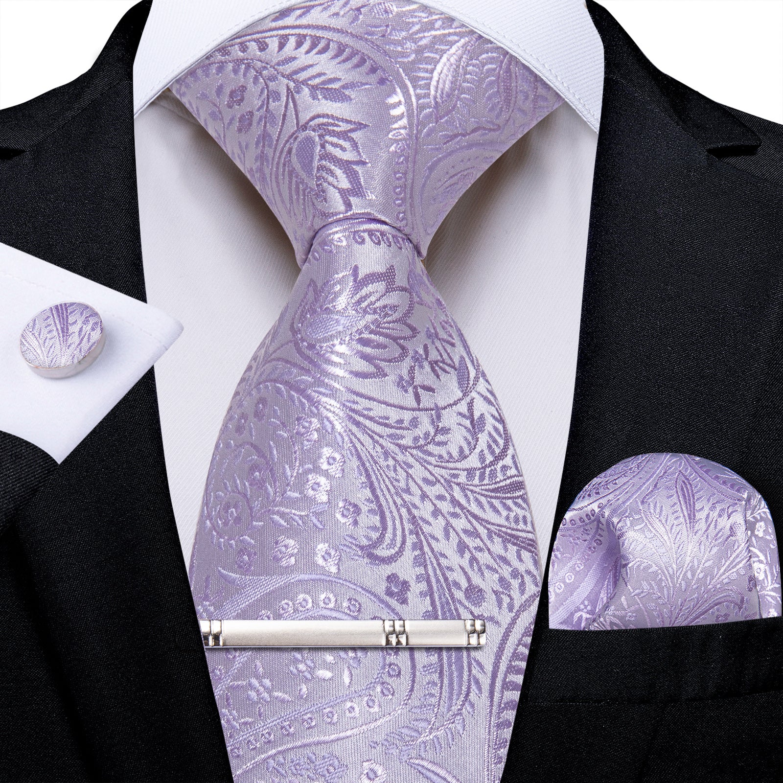 DiBanGu Paisley Tie Periwinkle Purple Men's Silk Tie Hanky Cufflinks Tie Clip Set