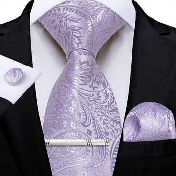 DiBanGu Paisley Tie Periwinkle Purple Men's Silk Tie Hanky Cufflinks Tie Clip Set