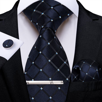 DiBanGu Silk Tie Blue Plaid Men's Tie Handkerchief Cufflinks Clip Set