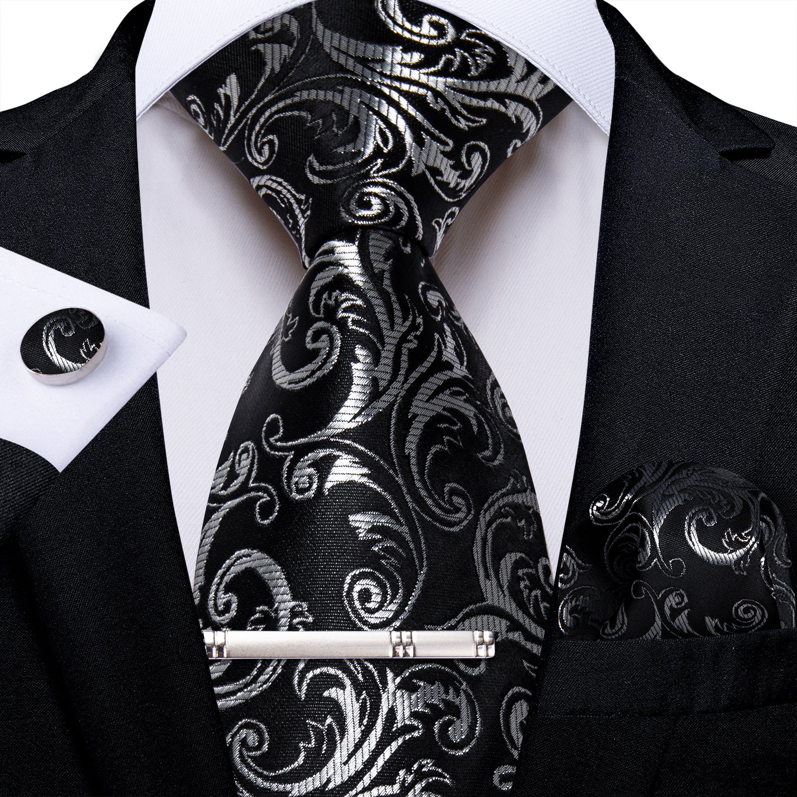 Black Silver Floral Men's Tie Handkerchief Cufflinks Clip Set