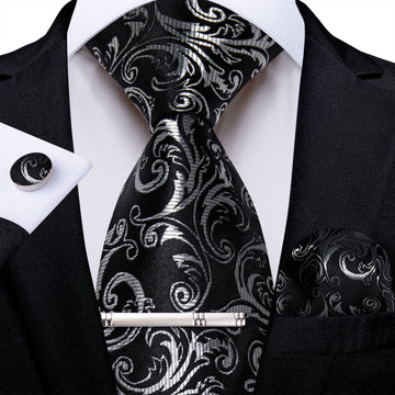 Black Silver Floral Men's Tie Handkerchief Cufflinks Clip Set