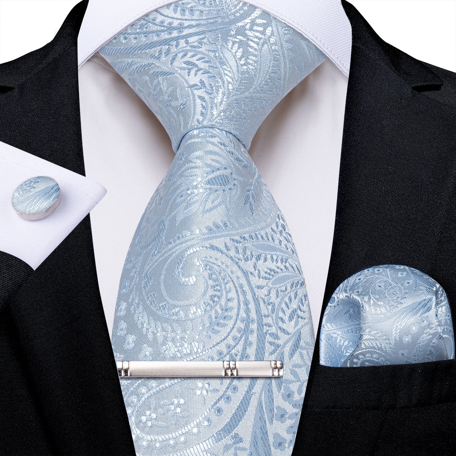Light Blue Paisley Men's Tie Handkerchief Cufflinks Clip Set